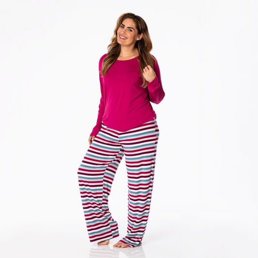 Kickee Pants Women's Print Long Sleeve Loosey Goosey Tee & Pajama Pants Set: Jingle Bell Stripe