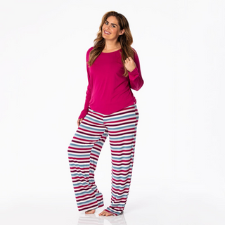 Bamboo Women's Print Long Sleeve Loosey Goosey Tee & Pajama Pants Set: Jingle Bell Stripe