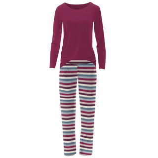 Bamboo Women's Print Long Sleeve Loosey Goosey Tee & Pajama Pants Set: Jingle Bell Stripe