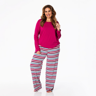 Bamboo Women's Print Long Sleeve Loosey Goosey Tee & Pajama Pants Set: Jingle Bell Stripe