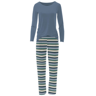 Bamboo Women's Print Long Sleeve Loosey Goosey Tee & Pajama Pants Set: Snowy Stripe