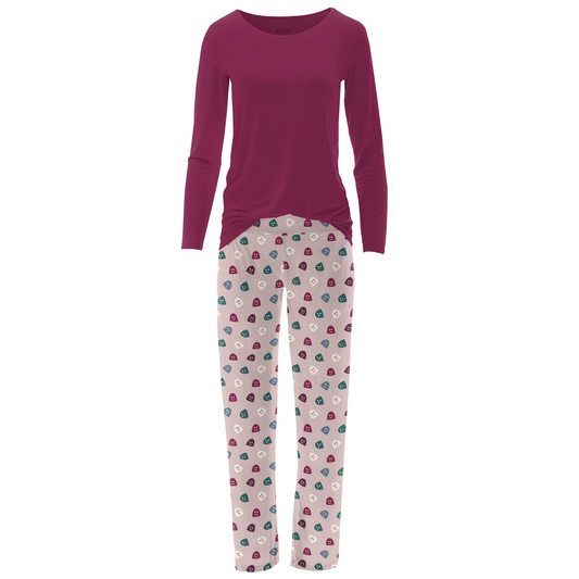 Kickee Pants Women's Print Long Sleeve Loosey Goosey Tee & Pajama Pants Set: Baby Rose Happy Gumdrops