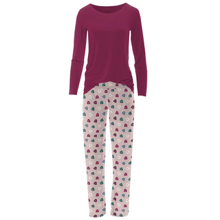 Bamboo Women's Print Long Sleeve Loosey Goosey Tee & Pajama Pants Set: Baby Rose Happy Gumdrops