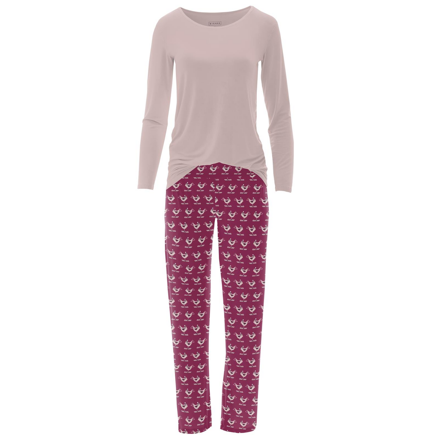Kickee Pants Women's Print Long Sleeve Loosey Goosey Tee & Pajama Pants Set: Berry Ski Birds