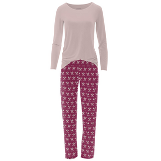 Bamboo Women's Print Long Sleeve Loosey Goosey Tee & Pajama Pants Set: Berry Ski Birds