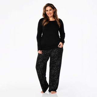 Bamboo Women's Print Long Sleeve Loosey Goosey Tee & Pajama Pants Set: Midnight Foil Constellations