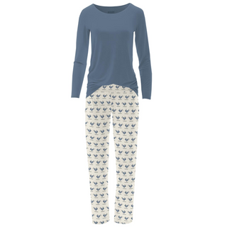 Bamboo Women's Print Long Sleeve Loosey Goosey Tee & Pajama Pants Set: Natural Ski Birds