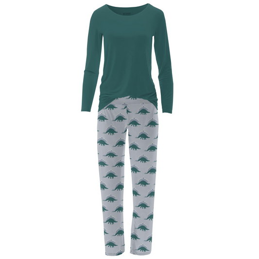 Kickee Pants Women's Print Long Sleeve Loosey Goosey Tee & Pajama Pants Set: Pearl Blue Menorahsaurus