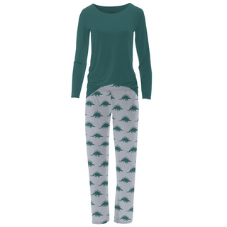 Bamboo Women's Print Long Sleeve Loosey Goosey Tee & Pajama Pants Set: Pearl Blue Menorahsaurus