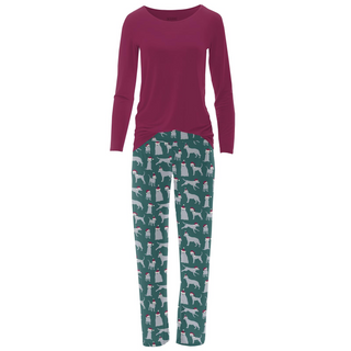 Bamboo Women's Print Long Sleeve Loosey Goosey Tee & Pajama Pants Set: Cedar Santa Dogs