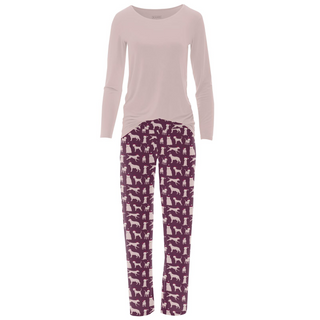 Bamboo Women's Long Sleeve Loosey Goosey Tee & Pajama Pants Set: Melody Santa Dogs