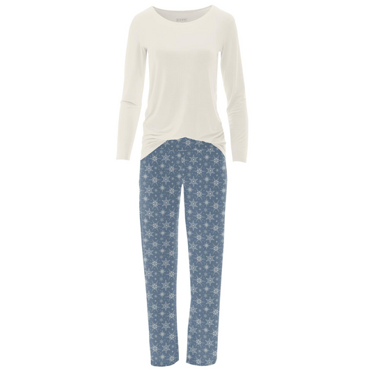 Kickee Pants Women's Print Long Sleeve Loosey Goosey Tee & Pajama Pants Set: Parisian Blue Snowflakes