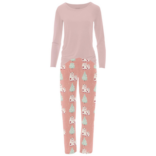 Women's Print Long Sleeve Relaxed Tee & Pajama Pants Set in Blush Yeti