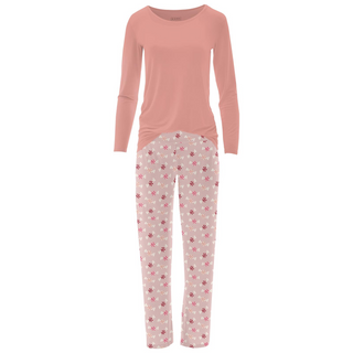 Women's Print Long Sleeve Relaxed Tee & Pajama Pants Set in Baby Rose Peppermints