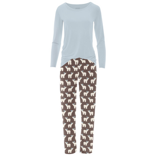 Women's Print Long Sleeve Relaxed Tee & Pajama Pants Set in Coffee Polar Bears