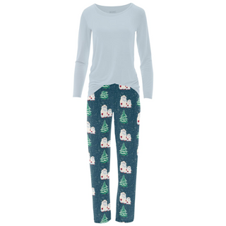 Women's Long Sleeve Relaxed Tee & Pajama Pants Set in Peacock Yeti