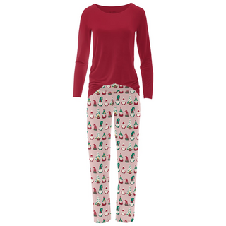 Women's Print Long Sleeve Relaxed Tee & Pajama Pants Set in Baby Rose Gnomes