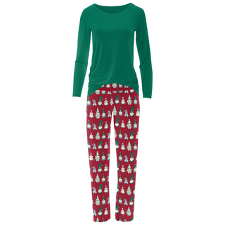 Women's Long Sleeve Relaxed Tee & Pajama Pants Set in Crimson Gnomes