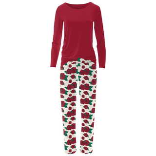 Women's Print Long Sleeve Relaxed Tee & Pajama Pants Set in Holiday Poppies