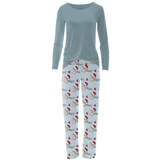 Women's Long Sleeve Relaxed Tee & Pajama Pants Set in Illusion Blue Holiday Sharks