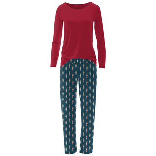 Women's Print Long Sleeve Relaxed Tee & Pajama Pants Set in Peacock Nutcrackers