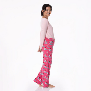 Women's Print Long Sleeve Relaxed Tee & Pajama Pants Set in Winter Rose Holiday Sharks