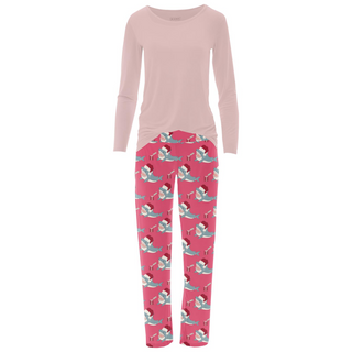 Women's Print Long Sleeve Relaxed Tee & Pajama Pants Set in Winter Rose Holiday Sharks