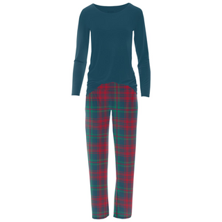 Women's Long Sleeve Relaxed Tee & Pajama Pants Set in Peacock Plaid