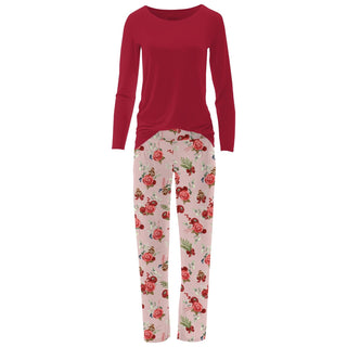 Women's Long Sleeve Relaxed Tee & Pajama Pants in Baby Rose Holiday Floral