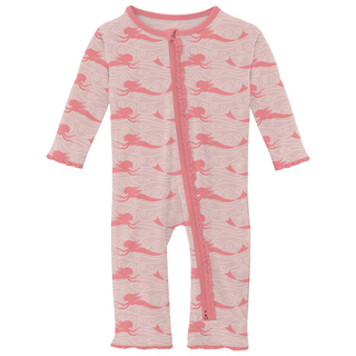 Bamboo Print Muffin Ruffle Coverall with 2 Way Zipper: Baby Rose Mermaid