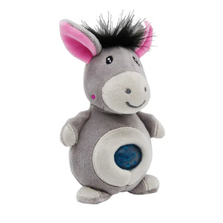 Plush donkey toy with pink ears and a blue bead filled belly on a white background