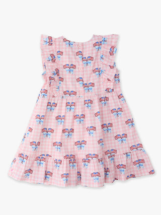 Girls Patriotic Gingham Pinafore Dress – Pink American Flag Bow Dress | Classic Cotton Toddler & Kids Dress for 4th of July, Memorial Day & Summer Outfits