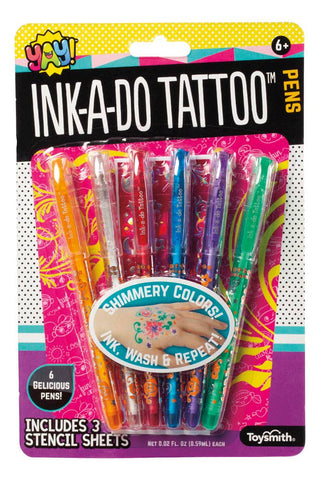Ink-a-Do Tattoo Pens Set for Kids & Tweens – Washable Temporary Body Art Gel Pens with Stencils | Non-Toxic Glitter Tattoo Markers for Creative Play (6 Pens + 3 Stencils)