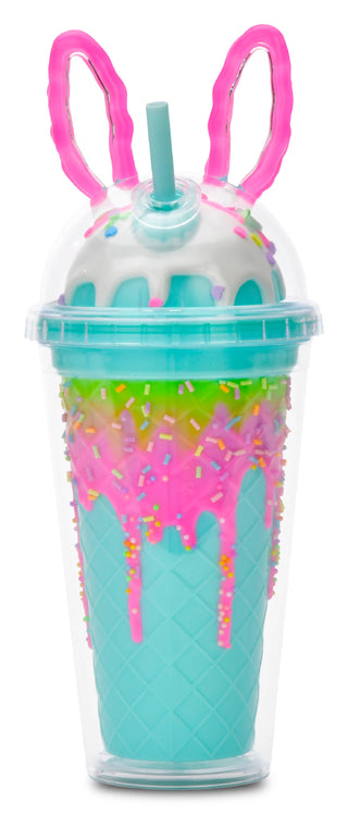 Colorful slushie cup with pink bunny ears on a white background