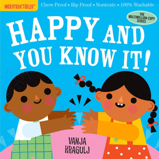 Book cover of 'Happy and You Know It!' with two children on a blue background