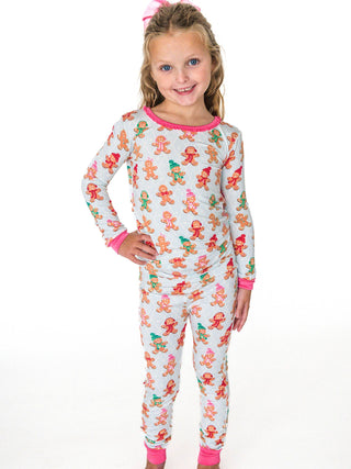 SoftSnooze™ Girls Bamboo Viscose Pink Gingerbread Buddies Ruffle Long Sleeve Pajama Set
