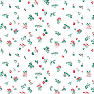 Christmas-themed pattern with red, green, and white elements on a white background