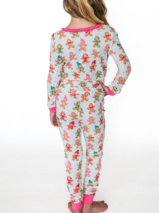 SoftSnooze™ Girls Bamboo Viscose Pink Gingerbread Buddies Ruffle Long Sleeve Pajama Set