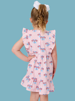Girls Patriotic Gingham Pinafore Dress – Pink American Flag Bow Dress | Classic Cotton Toddler & Kids Dress for 4th of July, Memorial Day & Summer Outfits