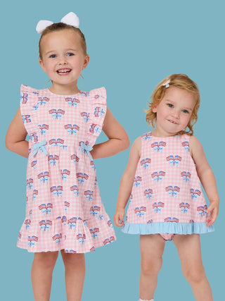 Girls Patriotic Gingham Pinafore Dress – Pink American Flag Bow Dress | Classic Cotton Toddler & Kids Dress for 4th of July, Memorial Day & Summer Outfits