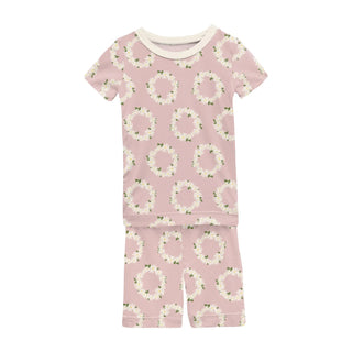 Bamboo Print Short Sleeve Pajama Set with Shorts: Baby Rose Daisy Crowns