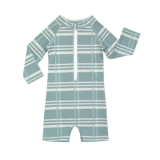Blue Plaid Boys One Piece Rash Guard Swimsuit