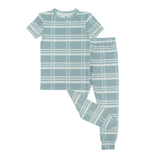 Blue Plaid Two-Piece Bamboo Short Sleeve Pajama Kids Pants Set