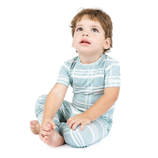 Blue Plaid Two-Piece Bamboo Short Sleeve Pajama Kids Pants Set