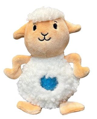 Plush toy sheep with a blue bead filled belly on a white background