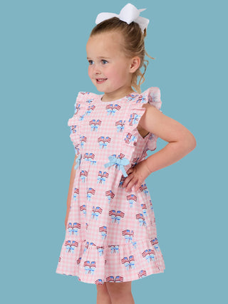 Girls Patriotic Gingham Pinafore Dress – Pink American Flag Bow Dress | Classic Cotton Toddler & Kids Dress for 4th of July, Memorial Day & Summer Outfits