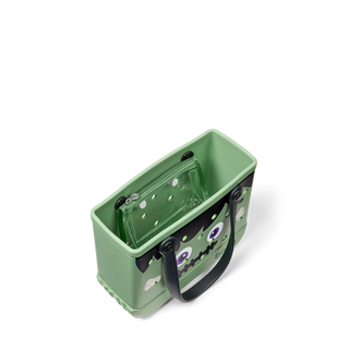 Green tote bag with frankenstein face on a white background