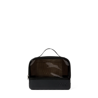 Black toiletry bag with clear mesh pocket on a white background