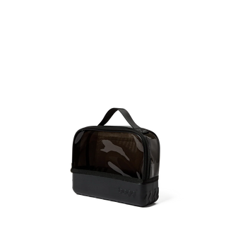 Black toiletry bag with mesh side on a white background