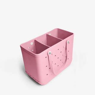 Pink tote with compartments on a white background